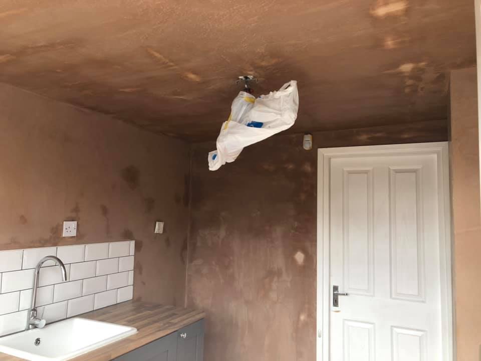 Whole kitchen re-plastered, walls and ceiling