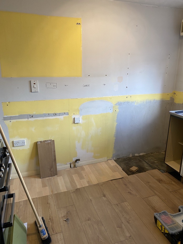Sophie’s kitchen before: old painted walls, patched and marked, units removed